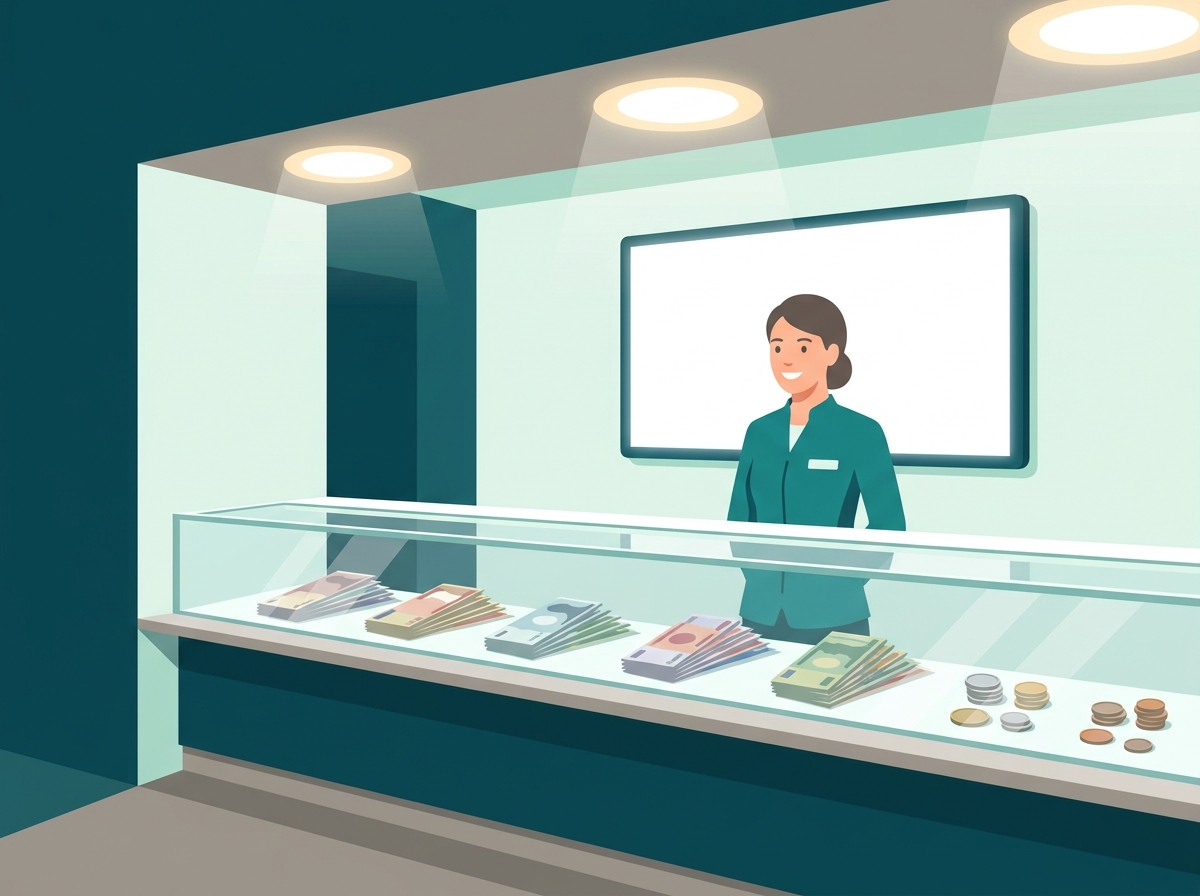 香港貨幣兌換店櫃檯插圖，陳列各國紙幣及硬幣